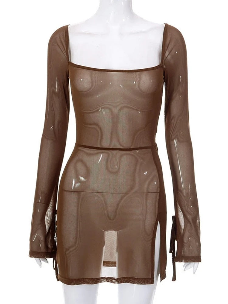 Square Collar Solid Mini Dress For Women Y2k Clothes Gauze Sexi Night Dress Hot image 0