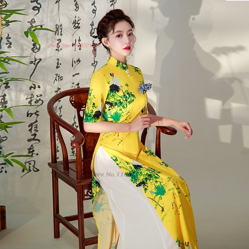 2024 vietnam aodai dress traditional chinese improved qipao national crane prin image 3