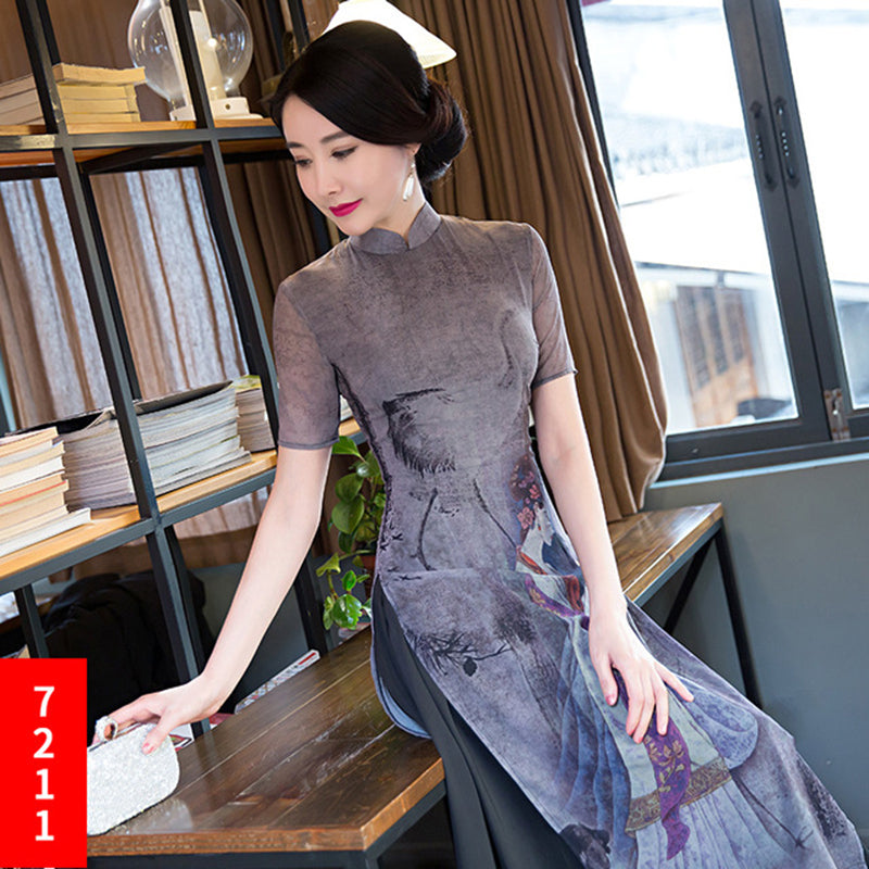 Plus Size Ao Dai Cheongsam dress China Improved Qipao Women Long Two-Piece Set image 4