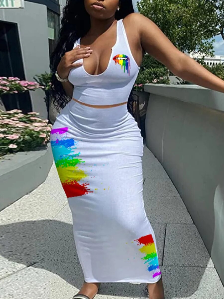 LW Letter Print Two Pieces Dresses Suits Sleeveless Pullover Cutout Cami Top&Lo image 7
