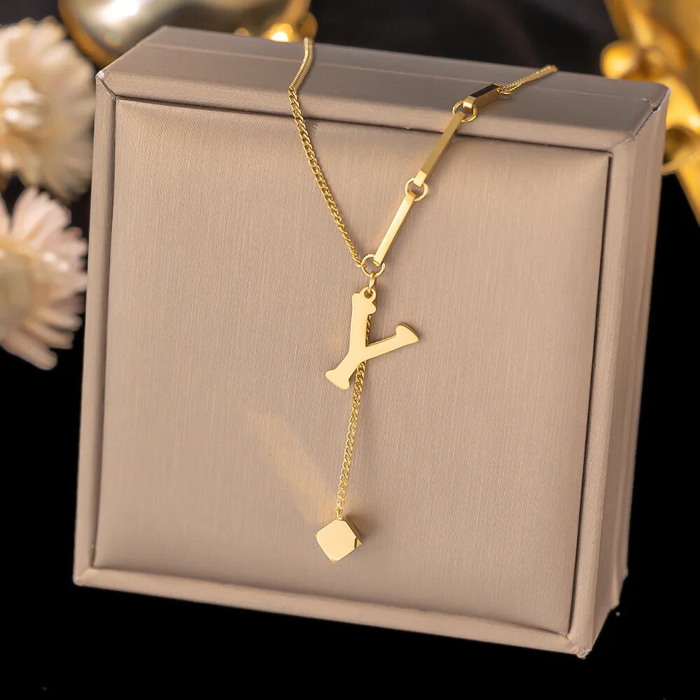 Stainless Steel Initial Letter Necklace For Women Gold Color 26 Alphabet Pendan image 22