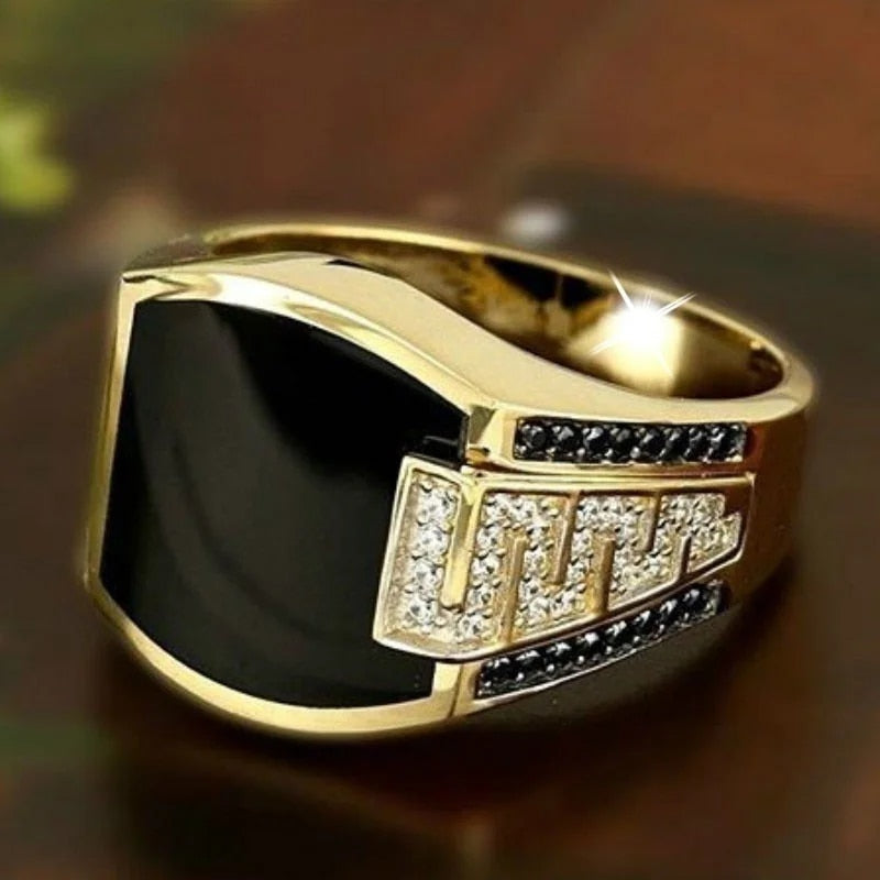 Classic Men's Ring Fashion Metal Gold Color Inlaid Black Stone Zircon Punk Ring image 4