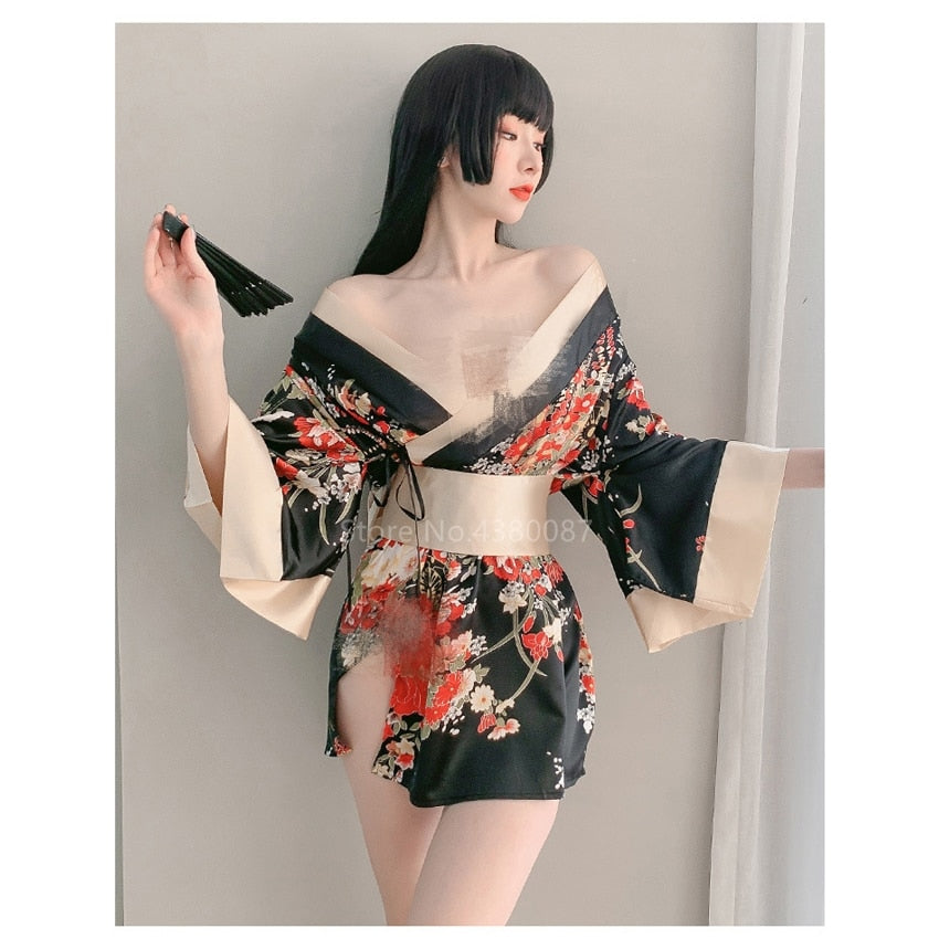 Japanese Kimono Dress for Women Cardigan Gorgeous Floral Print Yukata Asian Obi image 1