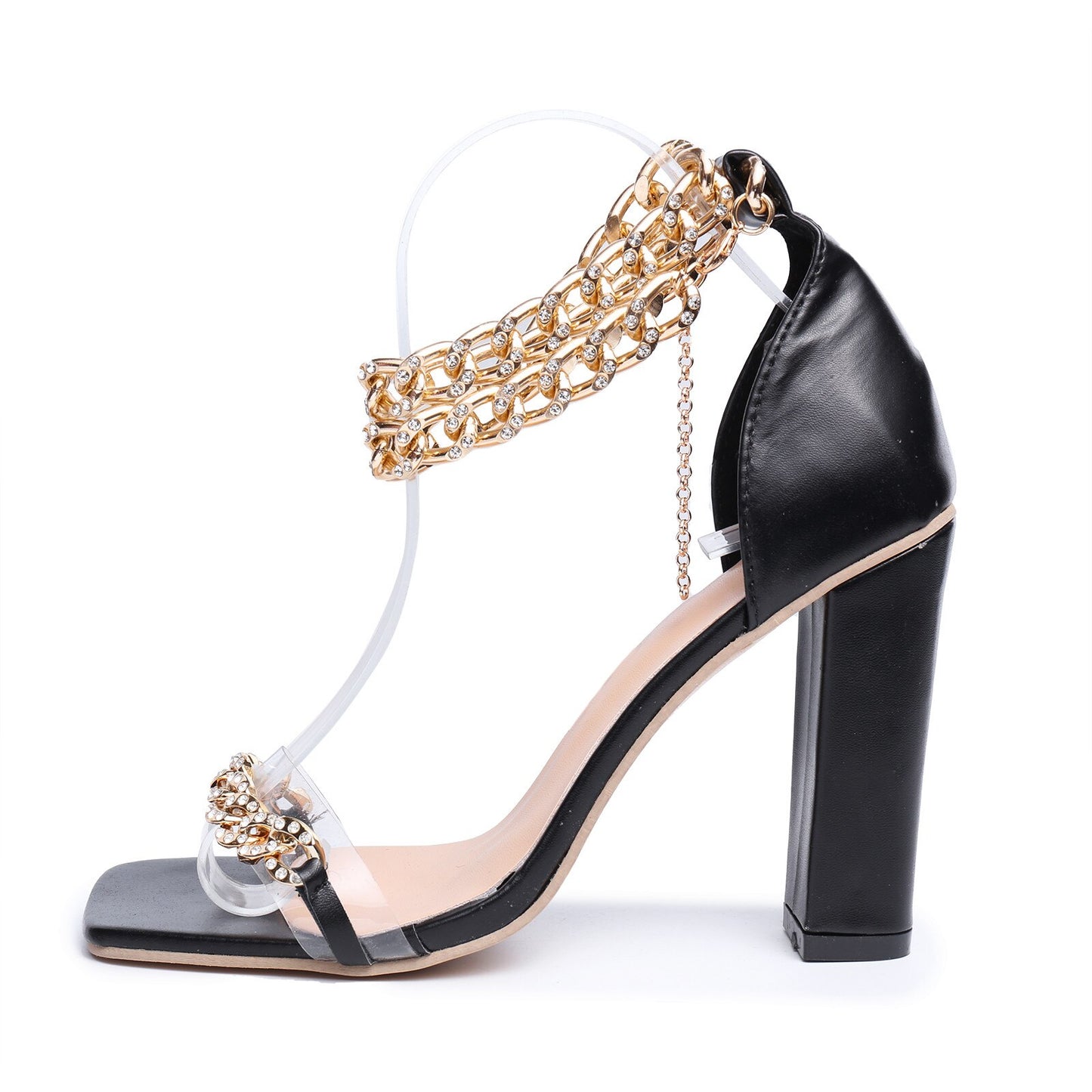 Gold-Tone Chain Embellished Ankle Strap High Heel Sandals for Women Fashion image 4