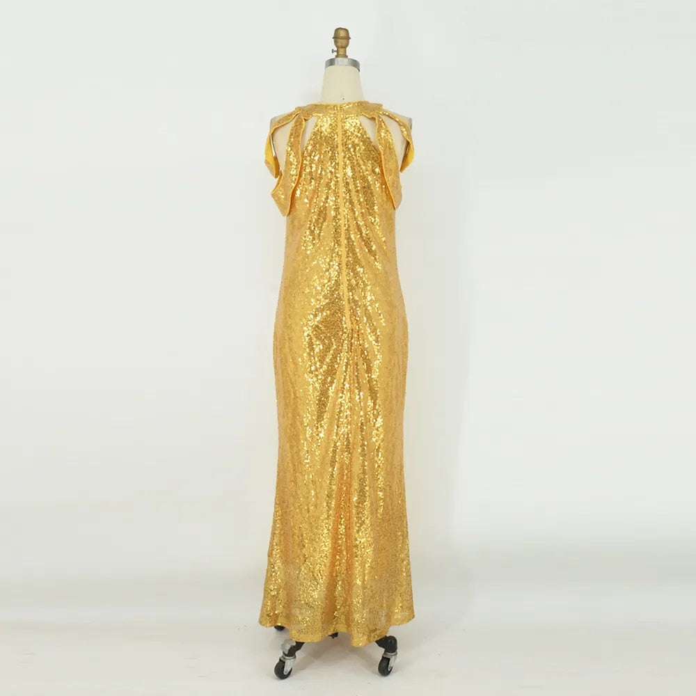 Africa Long Dress Plus Size Elegant Party Dress 2023 Golden Sequin Female Eveni image 4
