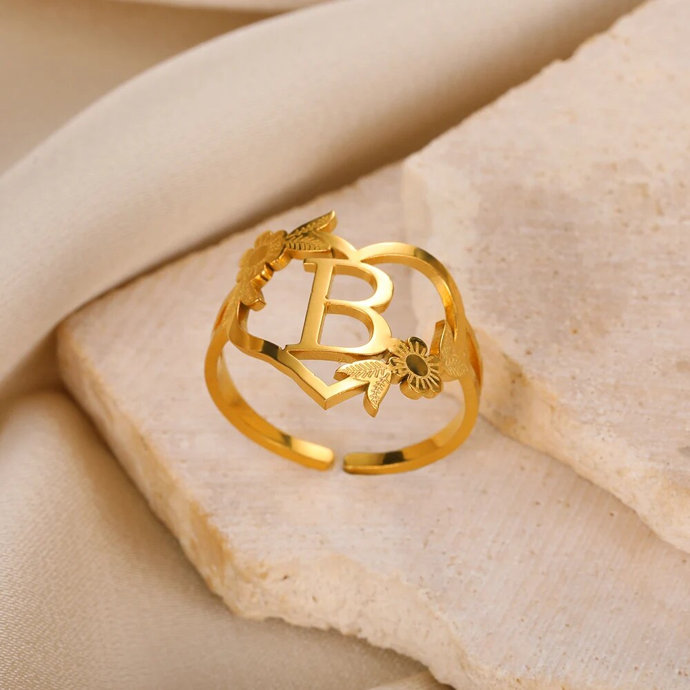 Stainless Steel Initials Flower Heart Rings Gold Color Adjustable Delicate Lett image 5