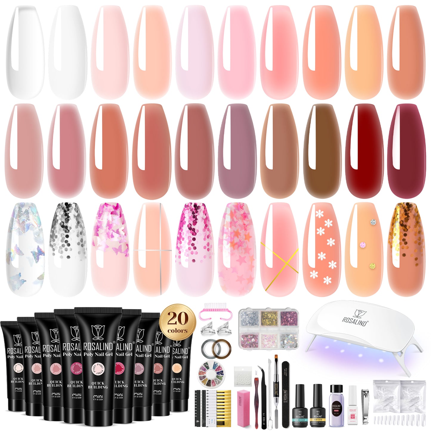 ROSALIND Poly Nail Gel Kit -20 Colors + 76 Nail Art Accessories kit Clear Nude image 1
