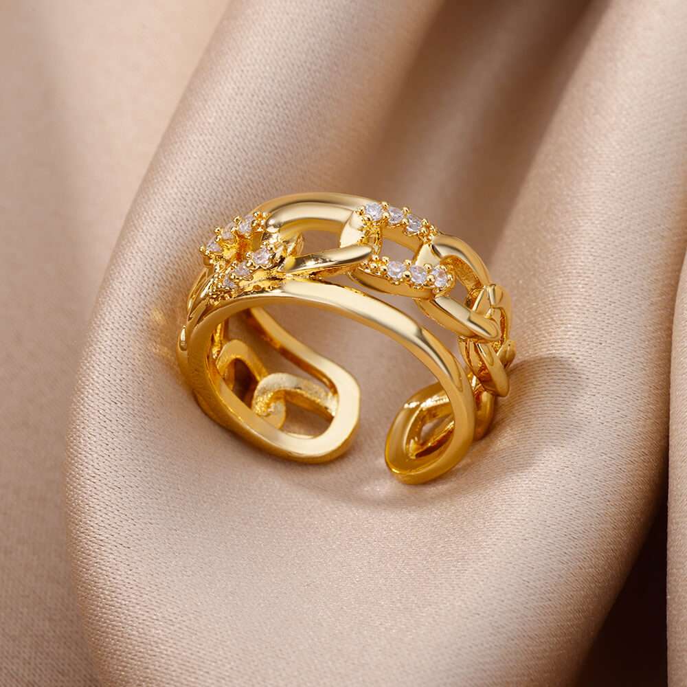 Fashion Gold Color Stainless Steel Rings For Women Chain Hollow Out Crystal Zir image 12