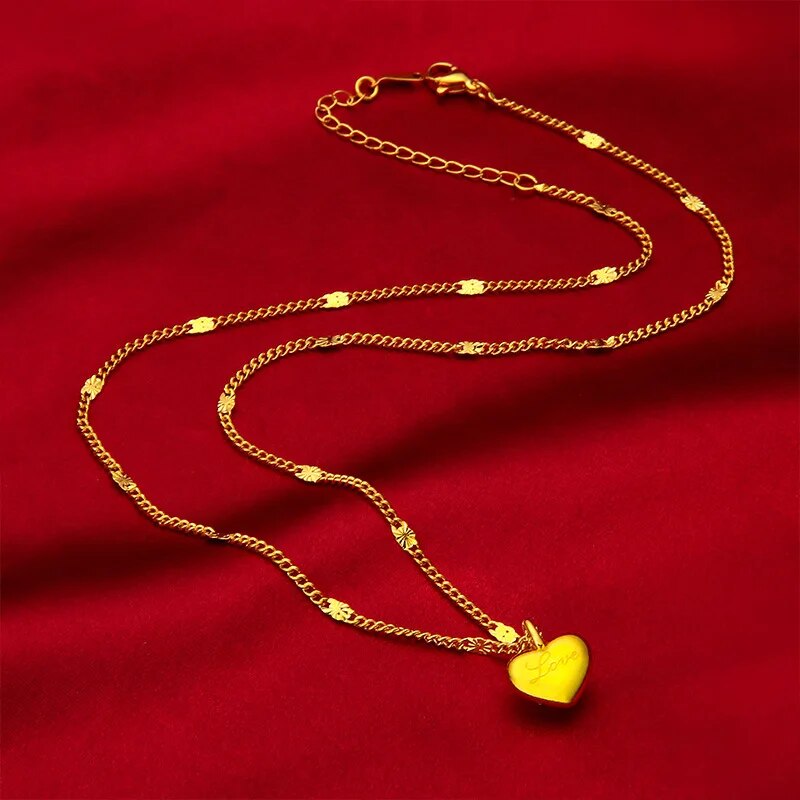 24K Yellow Gold Plated Charm Necklaces For Women Heart Pendant Necklace Chain C image 5