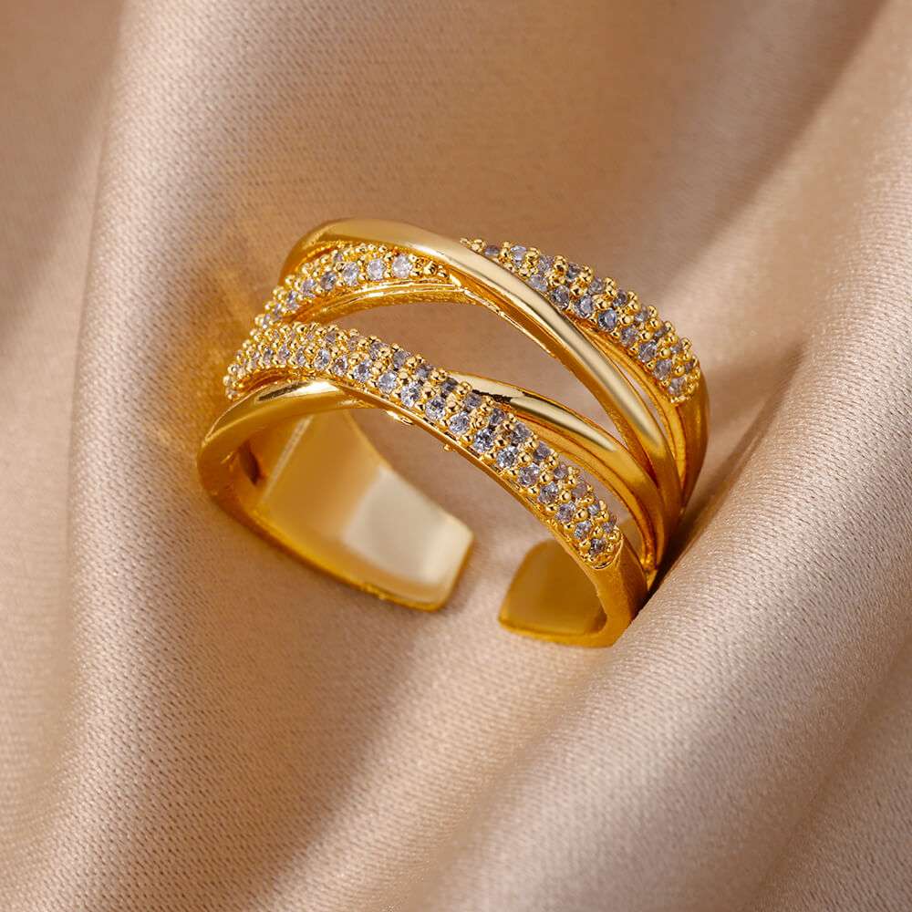 Fashion Gold Color Stainless Steel Rings For Women Chain Hollow Out Crystal Zir image 17