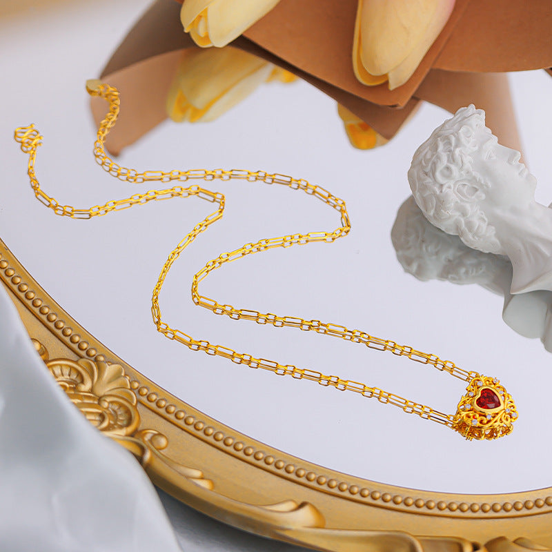Real18 K Gold Color Ruby Zircon Heart Collar Necklace Chain for Women Valentine image 2