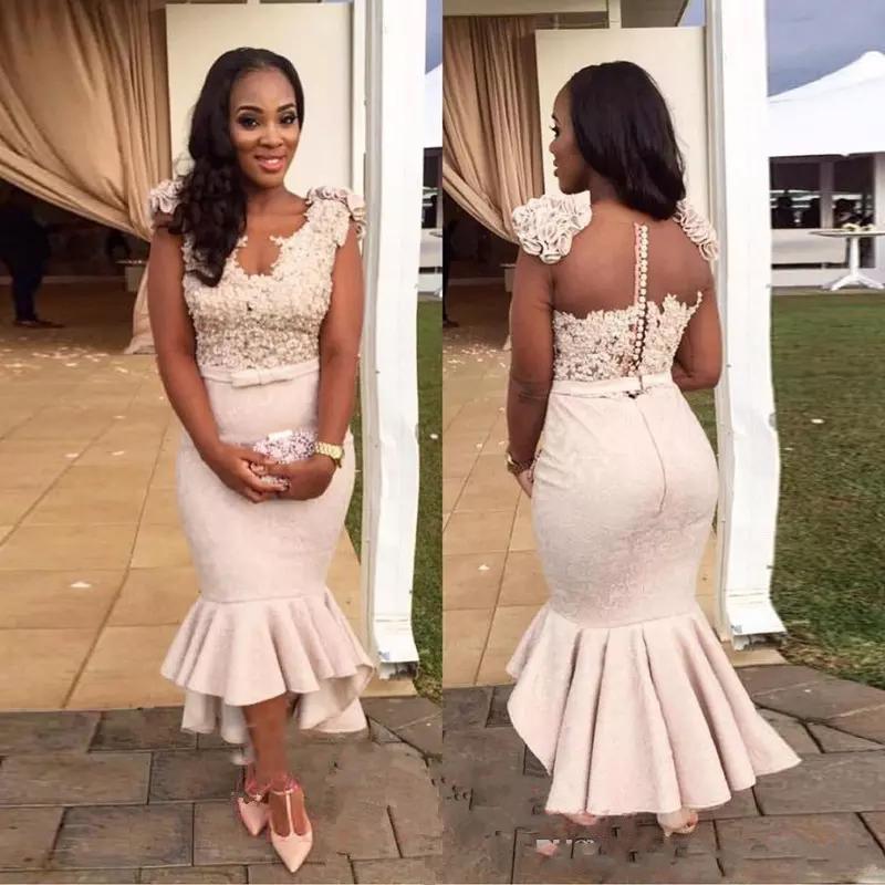 African Cap Sleeves Mermaid Bridesmaid Dresses Satin Tea-Length Illsion Back W image 0