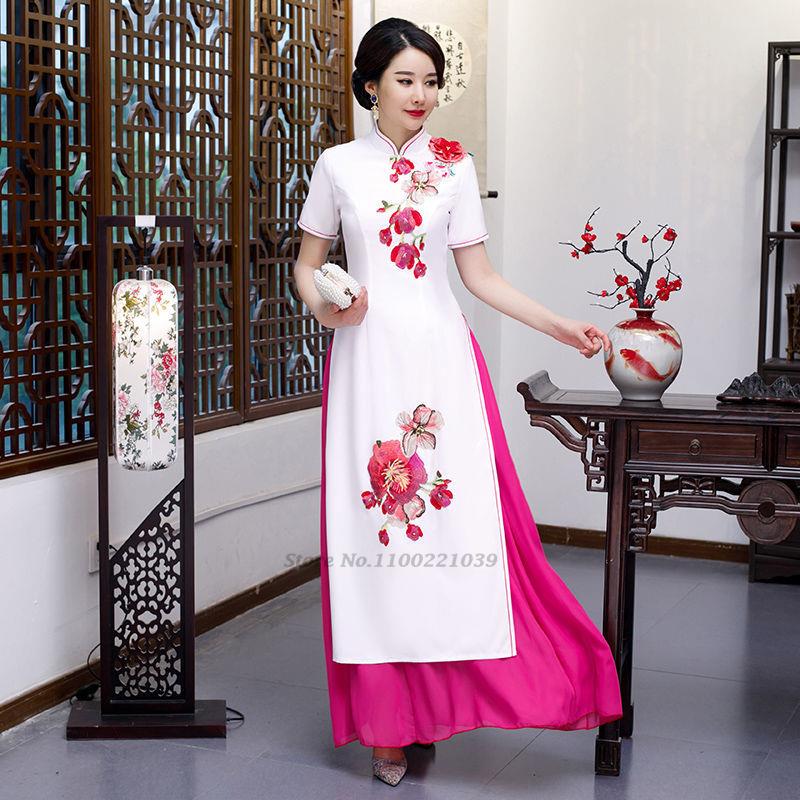 2024 vietnamese aodai vietnam cheongsam folk style qipao chinese flower embroid image 3