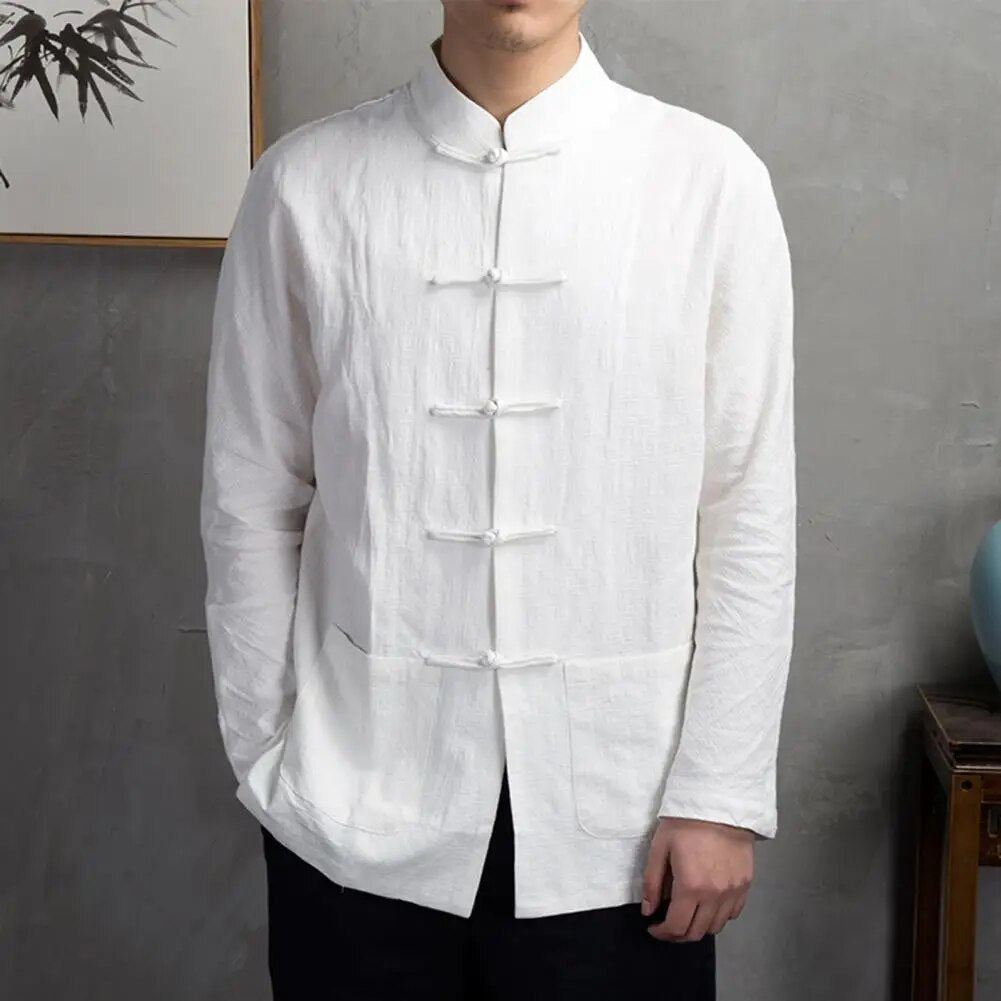 Men Autumn Chinese Style Shirt Top Mandarin Collar Long Sleeve Shirt Traditiona image 6