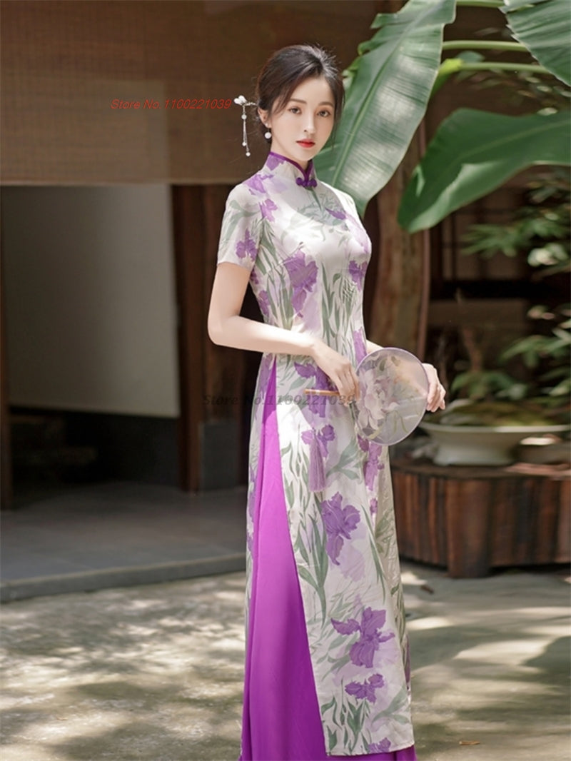 2024 vietnam traditionaldress aodai national flower print cheongsam oriental im image 3
