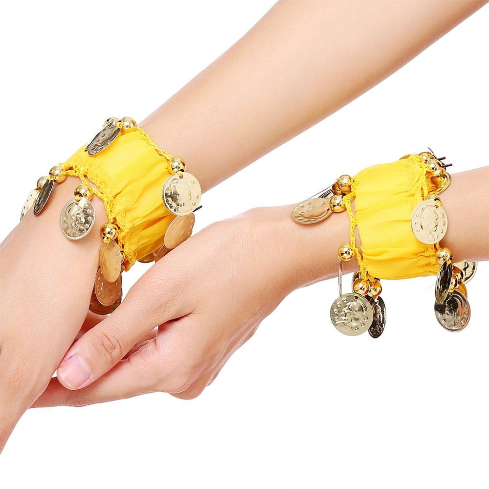 1 Pair Belly Dance Wrist Ankle Cuffs Bracelets Chiffon Gold Coin Belly Dance Co image 5