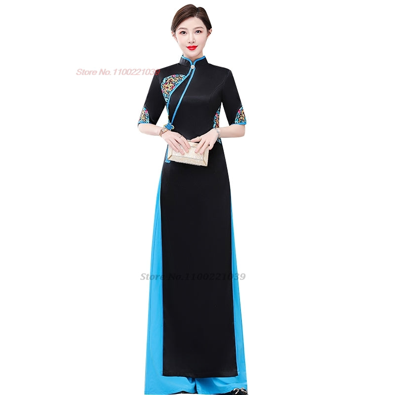 2024 vietnam traditional aodai dress+pants set national flower embroidery impro image 3