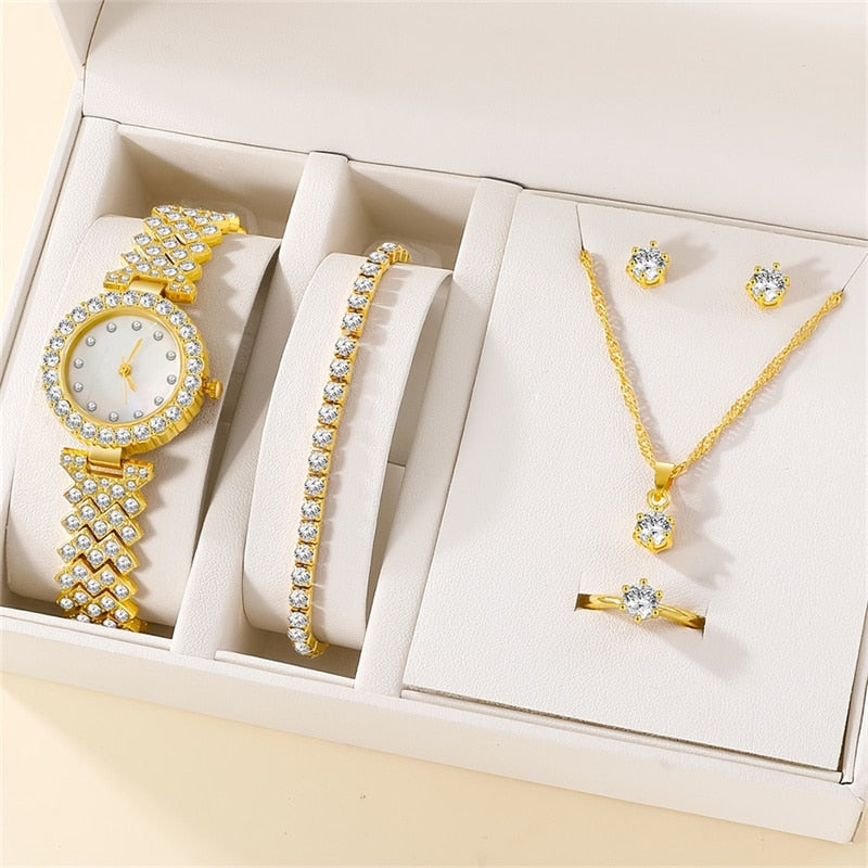 6PCS Set Luxury Watch Women Ring Necklace Earring Rhinestone Fashion Wristwatch image 2