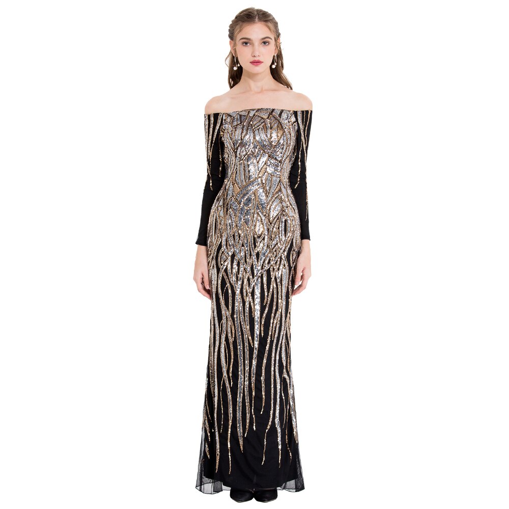 Angel-fashions Vintage Sequin Prom Gown Off Shoulder Long Sleeves Gold Silver image 1