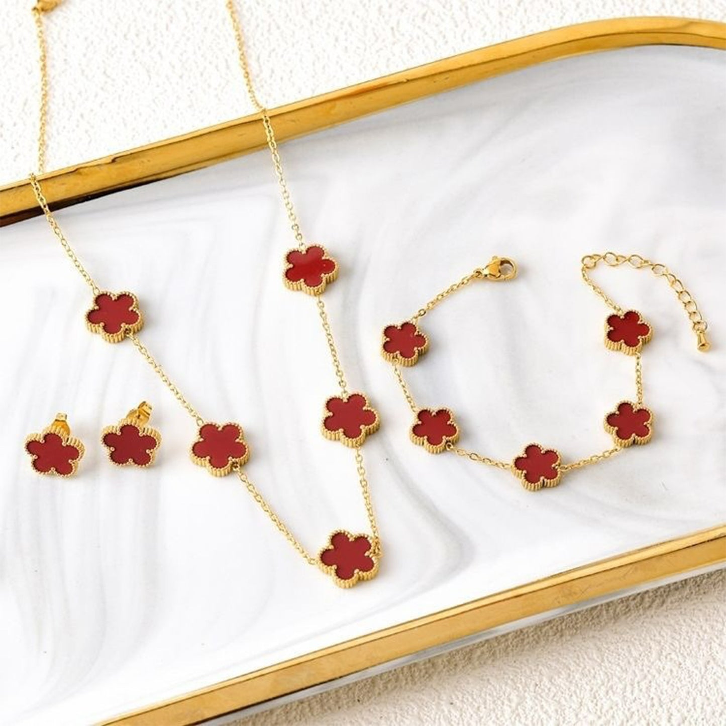3Pcs 18k Gold-Plated Five-Leaf Flower Necklace Earrings Bracelet Jewelry Set Fo image 6
