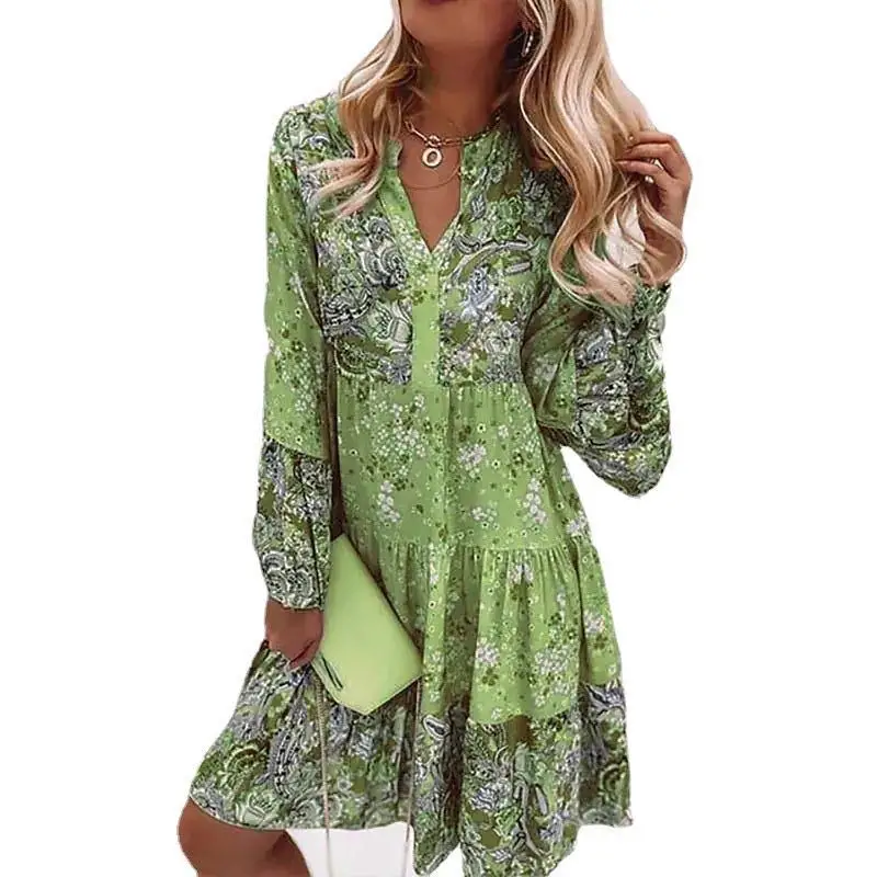 Women Floral Print Dress 2023 Summer Solid Casual V Neck Ruffles Boho Casual Dr image 2
