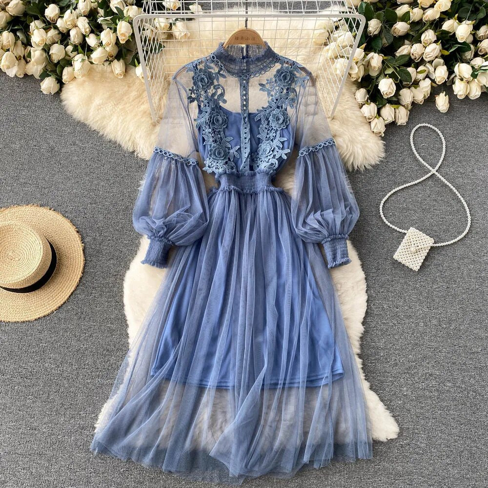 Women Evening Dress Three-dimensional Decoration Floral Mesh Stand Collar Lante image 7