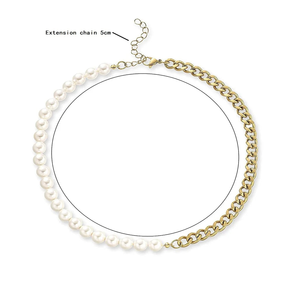 Half Pearl Half Chain Necklace Men Women Silver Gold Color Cuban Link Stainless image 5
