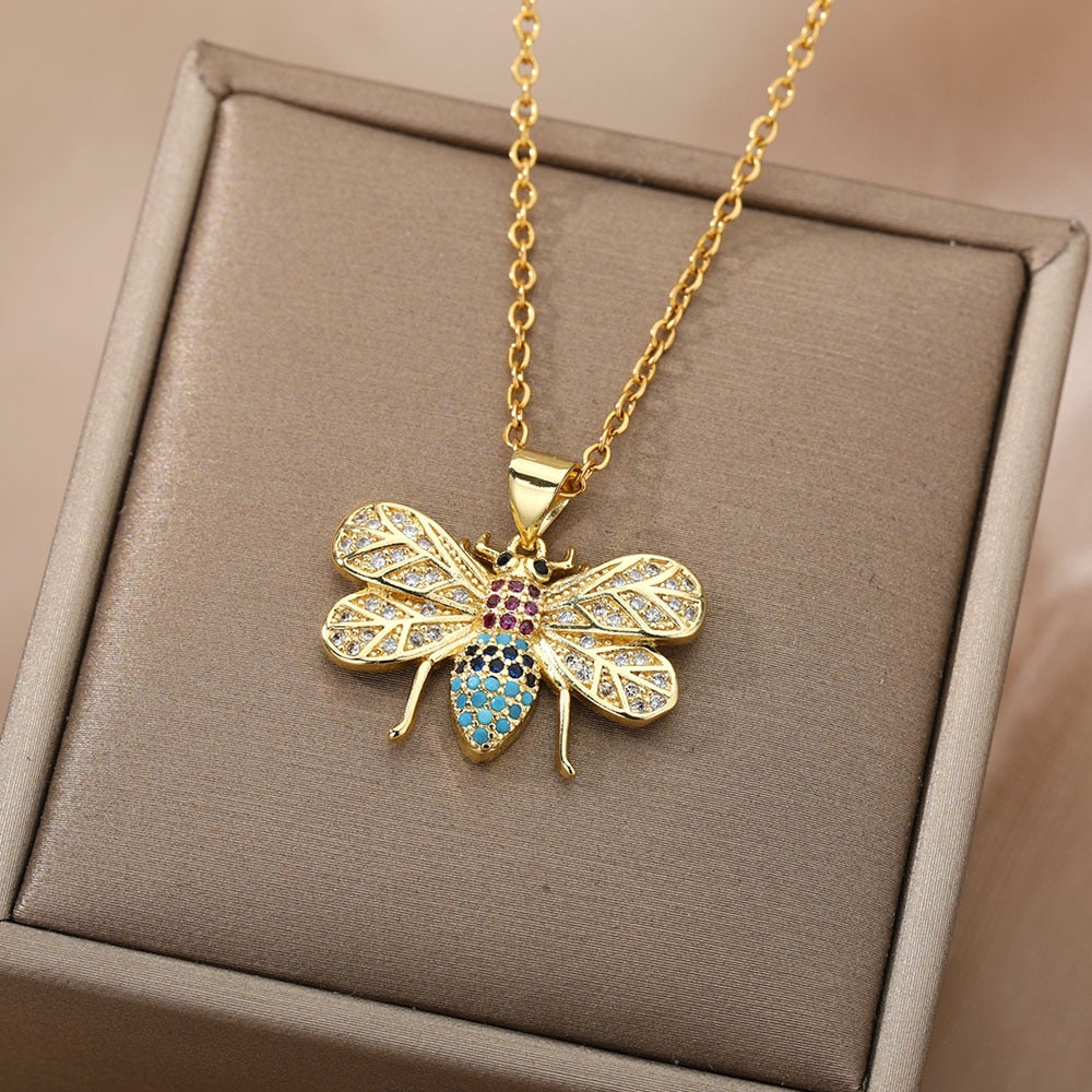 RXSMll Bee Pendant Necklace For Women Luxury Colorful Zircon Gold Plated image 4