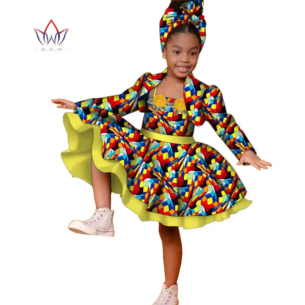 3pcs Set African Kids Gril Dashiki Dress Coat and Headtie Suits Africa Print Pa image 13