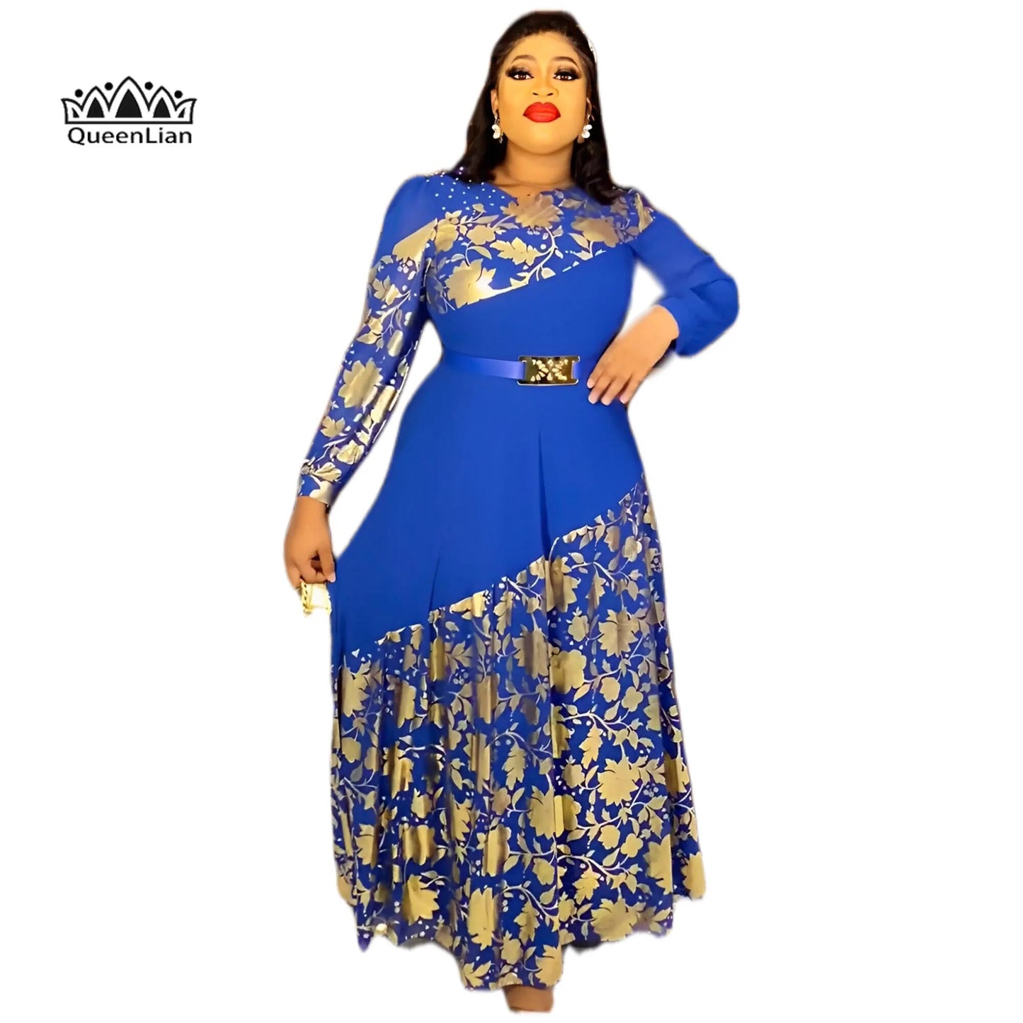 Gorgeous golden printed African dress with belt, perfect for dinner attire image 4