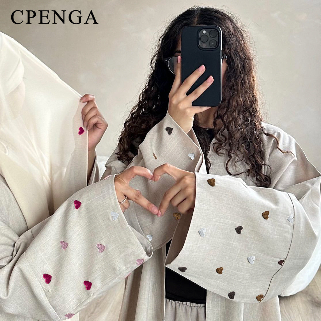 Fashion Love Embroidery Open Abaya for Women Dubai 2024 New Plain Kimono Muslim image 4