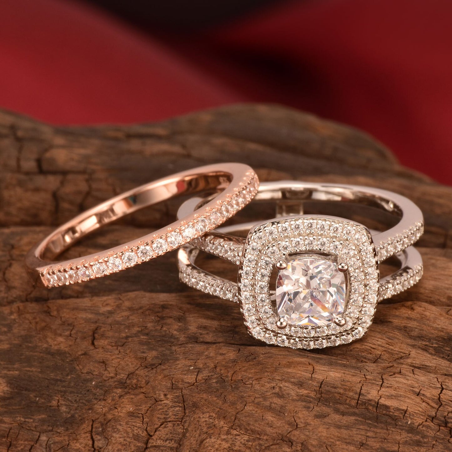 Newshe Halo Cushion Cut Bridal Set Solid 925 Sterling Silver Plug-in Rose Gold image 3