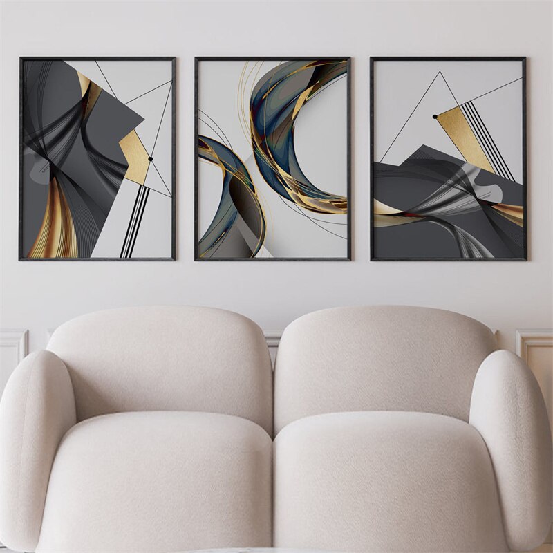 Modern Abstract Geometric Canvas Painting Black Gold Lines Wall Art Poster Pict image 1