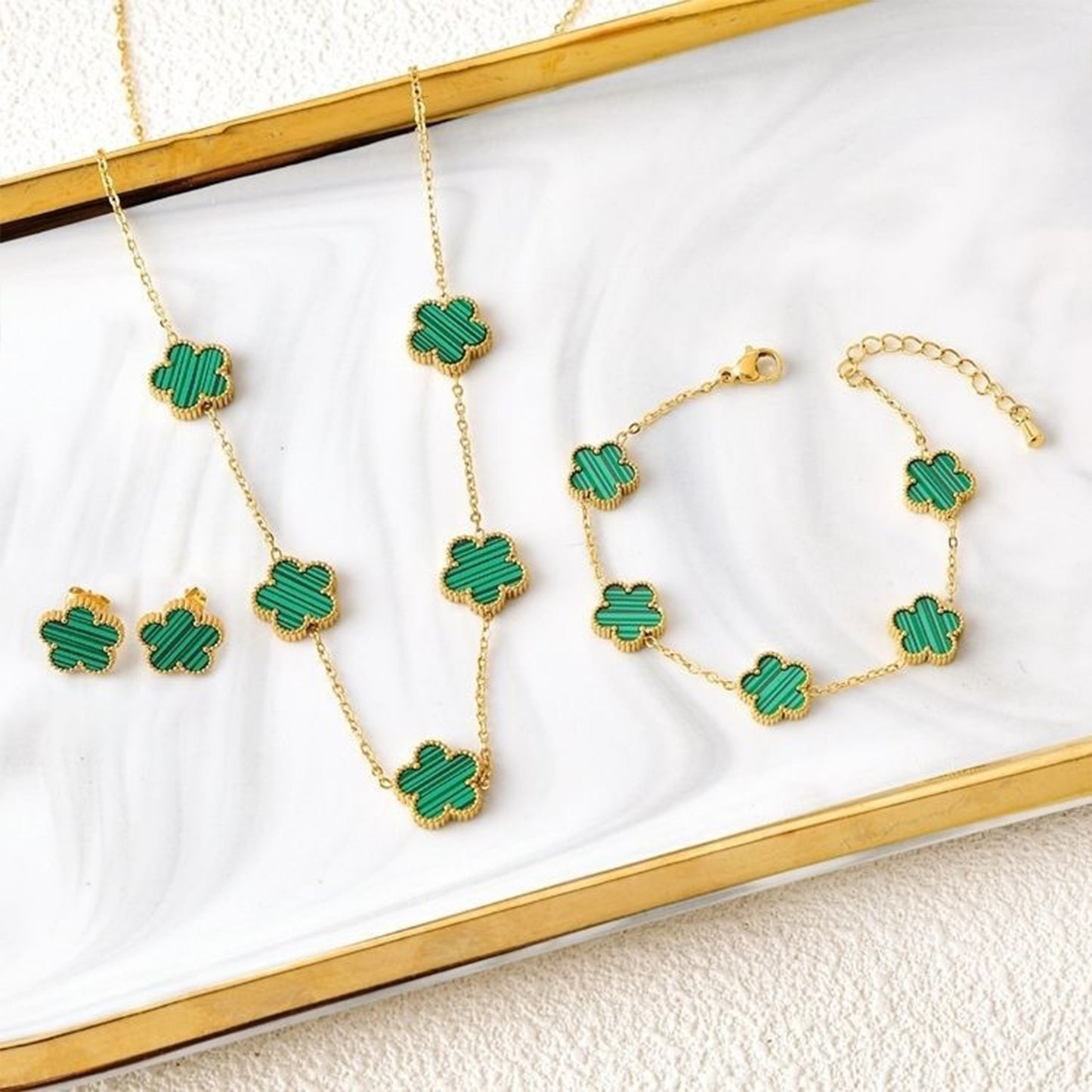 3Pcs 18k Gold-Plated Five-Leaf Flower Necklace Earrings Bracelet Jewelry Set Fo image 4