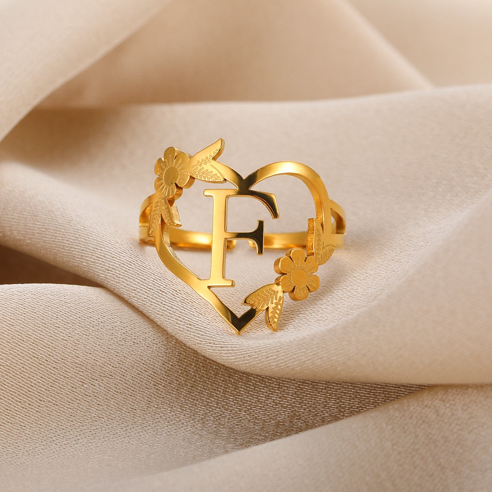 Stainless Steel Initials Flower Heart Rings Gold Color Adjustable Delicate Lett image 30