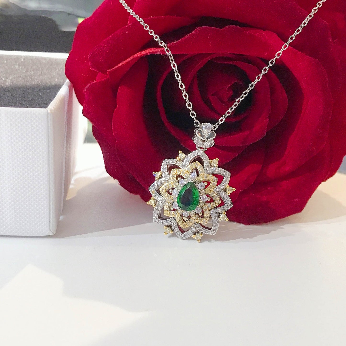 18K Multi Gold Necklace for Women Natural Emerald Diamond with Diamond Pendants image 3