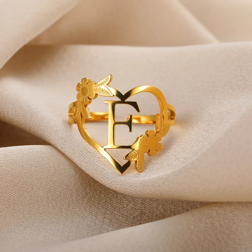 Stainless Steel Initials Flower Heart Rings Gold Color Adjustable Delicate Lett image 27