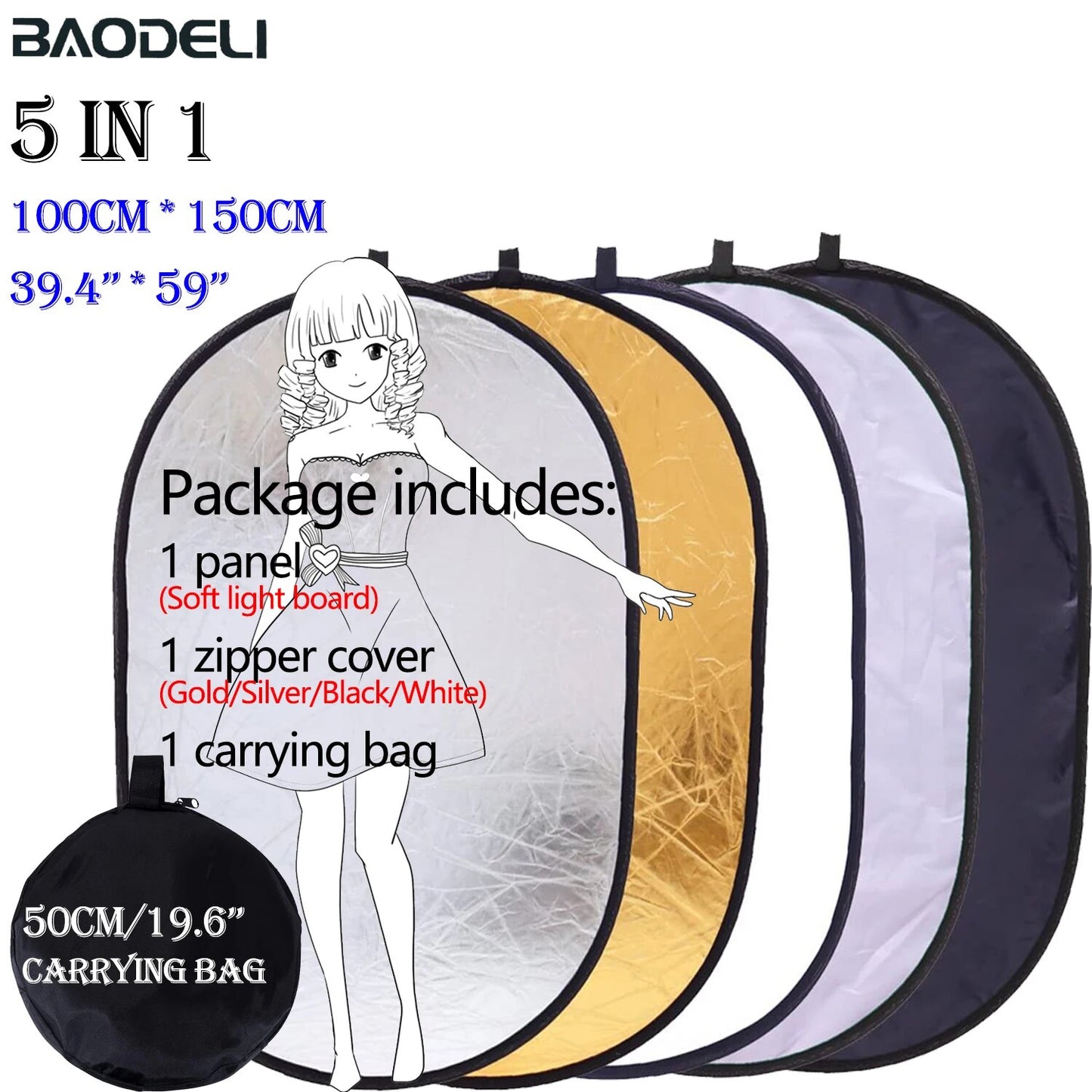100x150cm 5 in 1 Portable Collapsible Light Oval Photography Reflector for Stud image 5