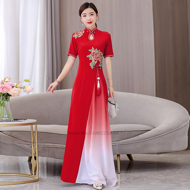 2024 vietnam aodai dress traditional chinese improved qipao national flower emb image 7