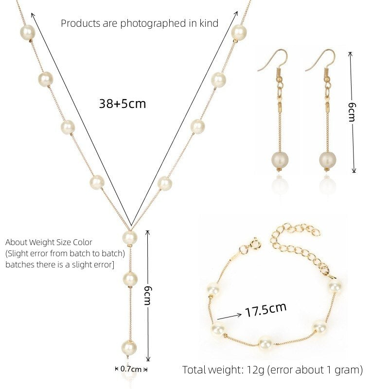4pcs Gold-color Necklace Earring Bracelet Set Ladies Elegant Imitation-Pearls C image 5