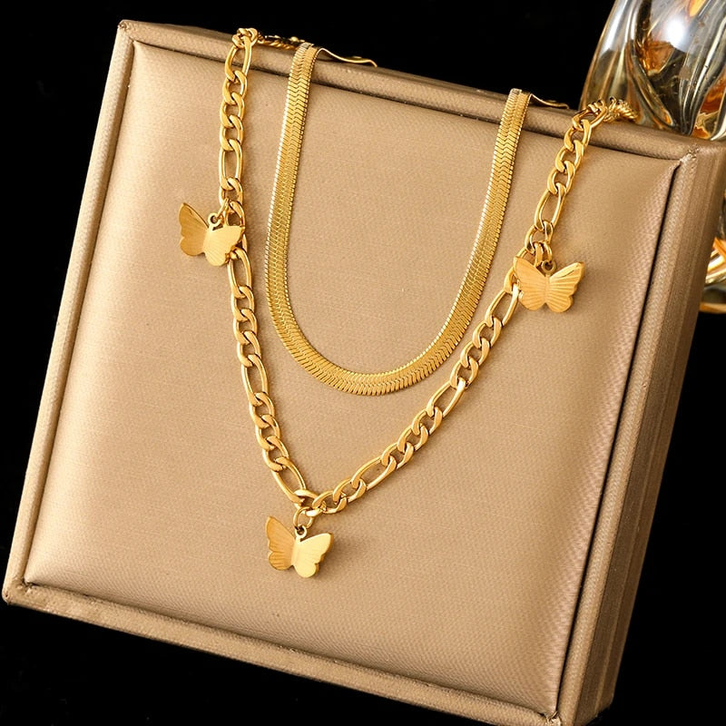 EILIECK 316L Stainless Steel Gold Color Flower Five-Leaf Clover Necklace For Wo image 1