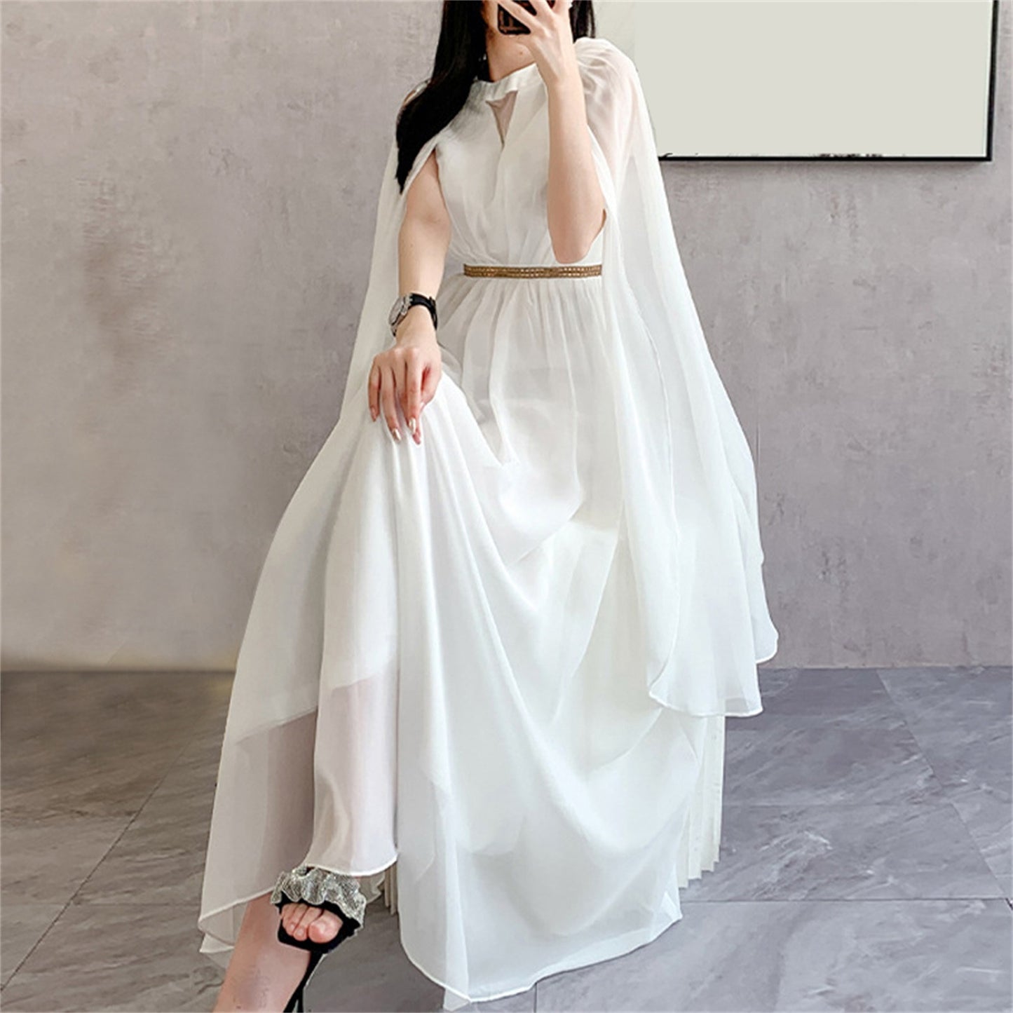 Women Dress 2024 Spring V Neck Sexy Elegant long Dress Autumn cape Sleeve Gown image 1