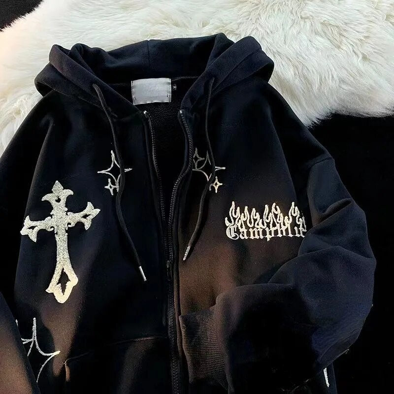 Gothic Embroidery Retro Hoodies Women Harajuku Long Sleeve Zip Up Loose Hooded image 6