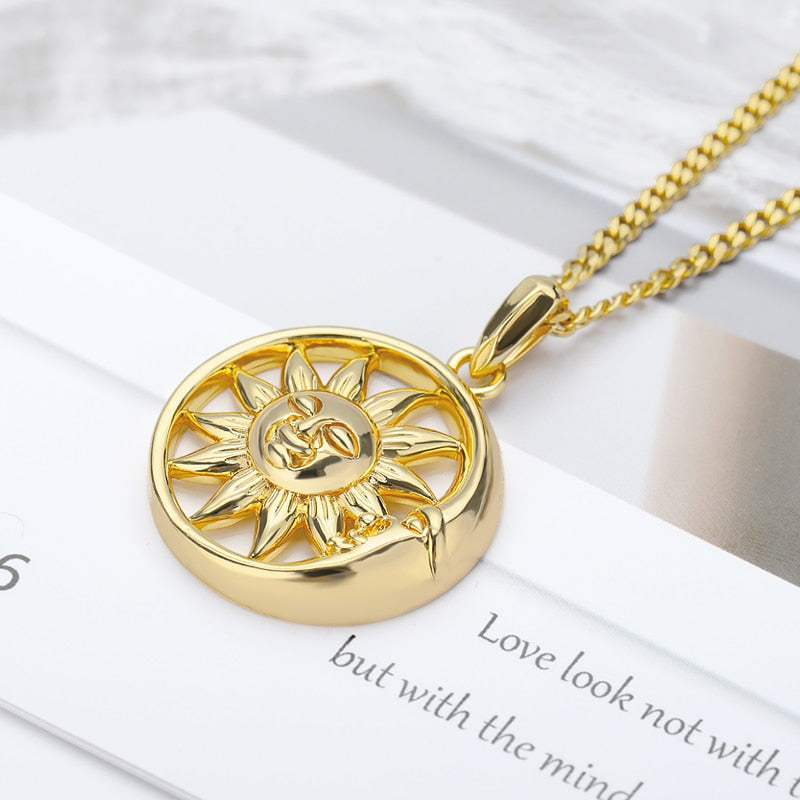 Sun and Moon Necklace For Women Round Gold Color Sun Necklace Stainless image 3