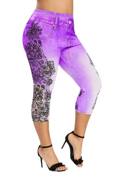 Women's Printed Denim Sportswear Leggings Oversized Hip Lifting Yoga Pants Plus image 9