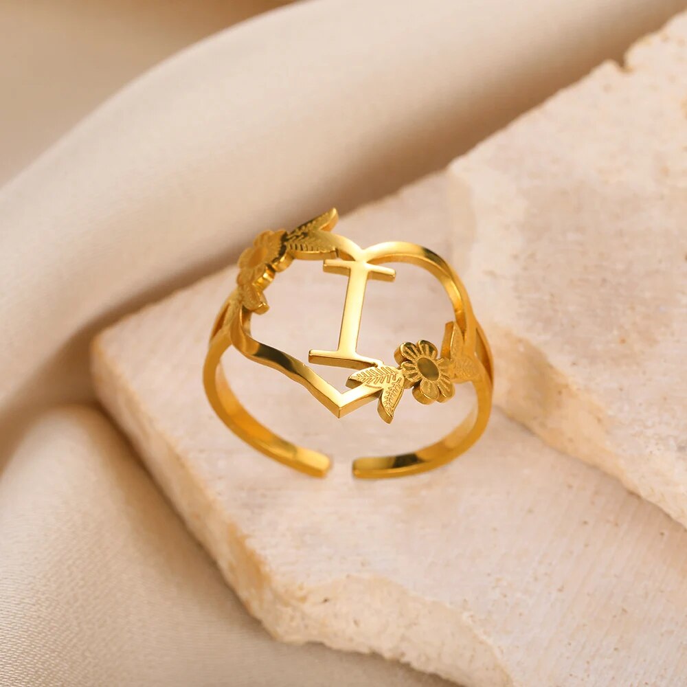 Stainless Steel Initials Flower Heart Rings Gold Color Adjustable Delicate Lett image 9