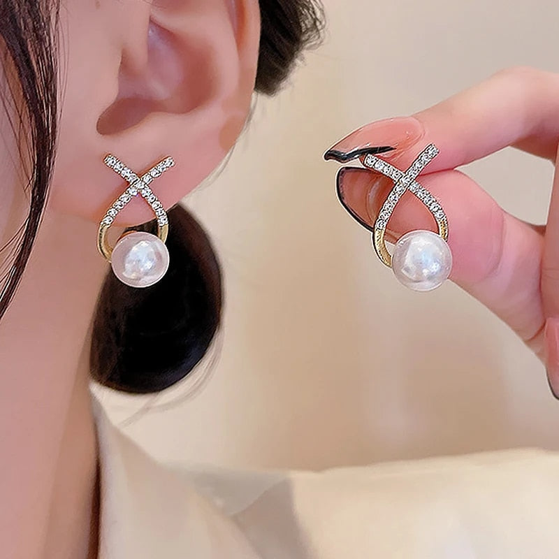 Gold Color Metal Fashion Korean Pearl Earrings For Women Sparkling Zircon Penda image 35