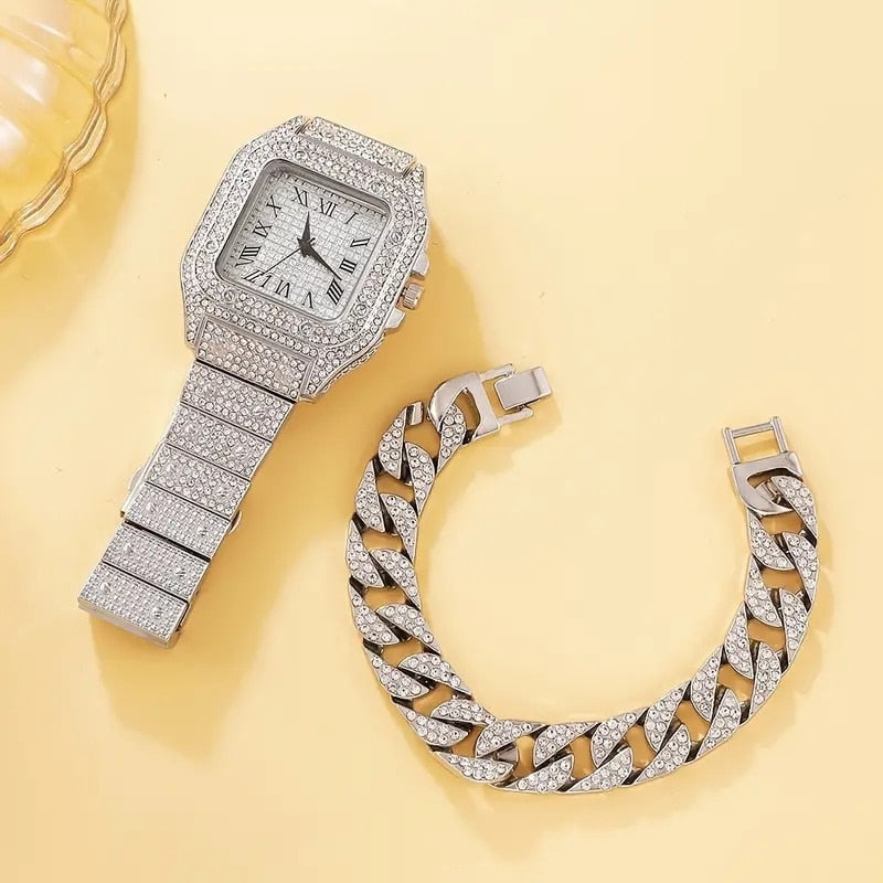 2Pcs Set Diamond Women Watches Gold Watch Ladies Wrist Watches Luxury Brand Rhi image 3