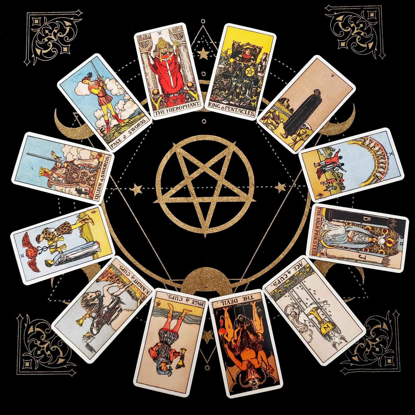 Art Altar Cloth 49x49cm, Black Gold Pentagram, Moon Universe Witchcraft Instead image 0