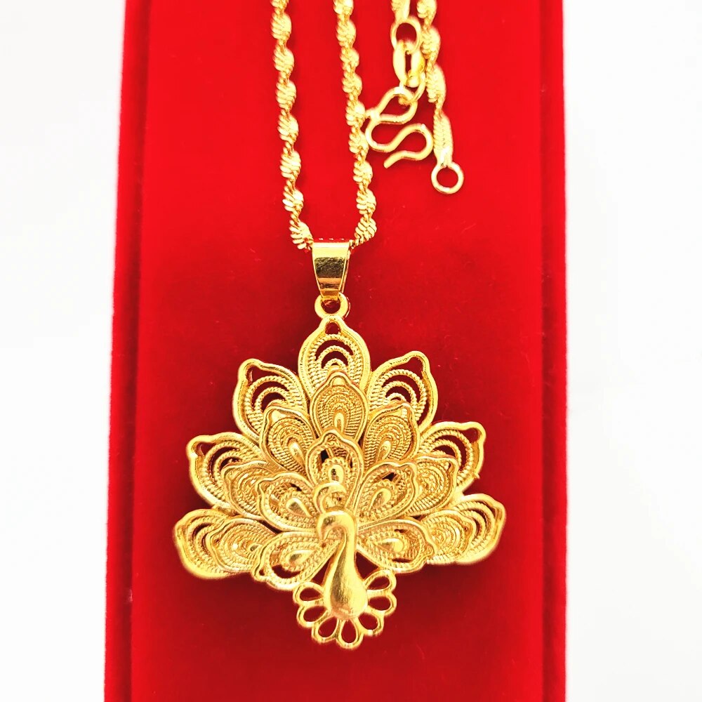 Charm Necklaces For Women 24K Yellow Gold Color Peacock Pendant Necklace Chain image 0